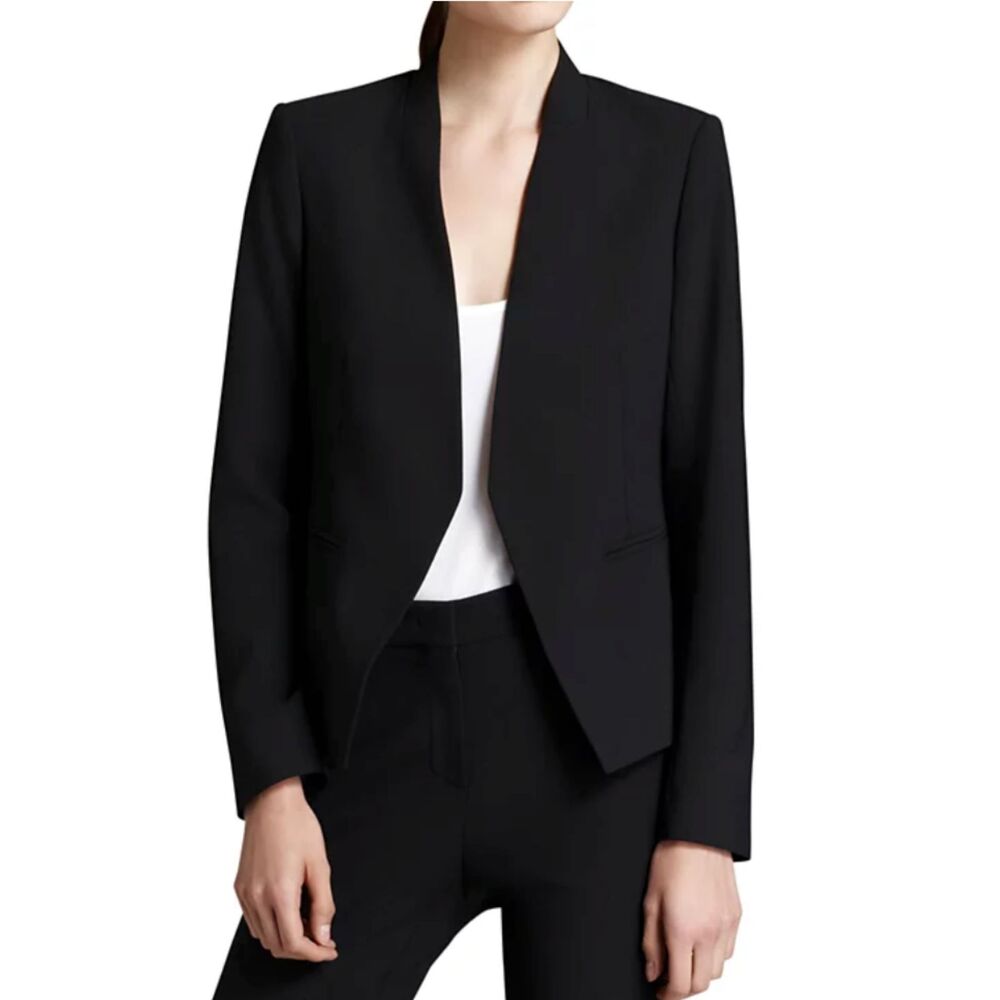 Theory Lanai Blazer 00 Black Wool Blend Open Front Stretch Suit Jacket Office